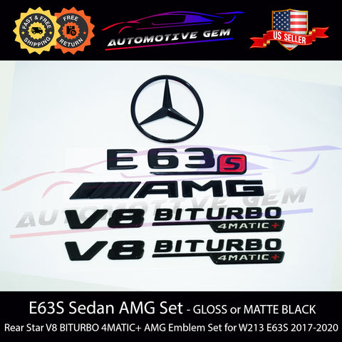 E63S SEDAN AMG V8 BITURBO Rear Star Emblem Black Badge Combo Set for Mercedes W213 E63 2017-2021 G A2138170200 G A2138170300 G A2138171401 G A2138170400 G A2138179900 G A2138170116