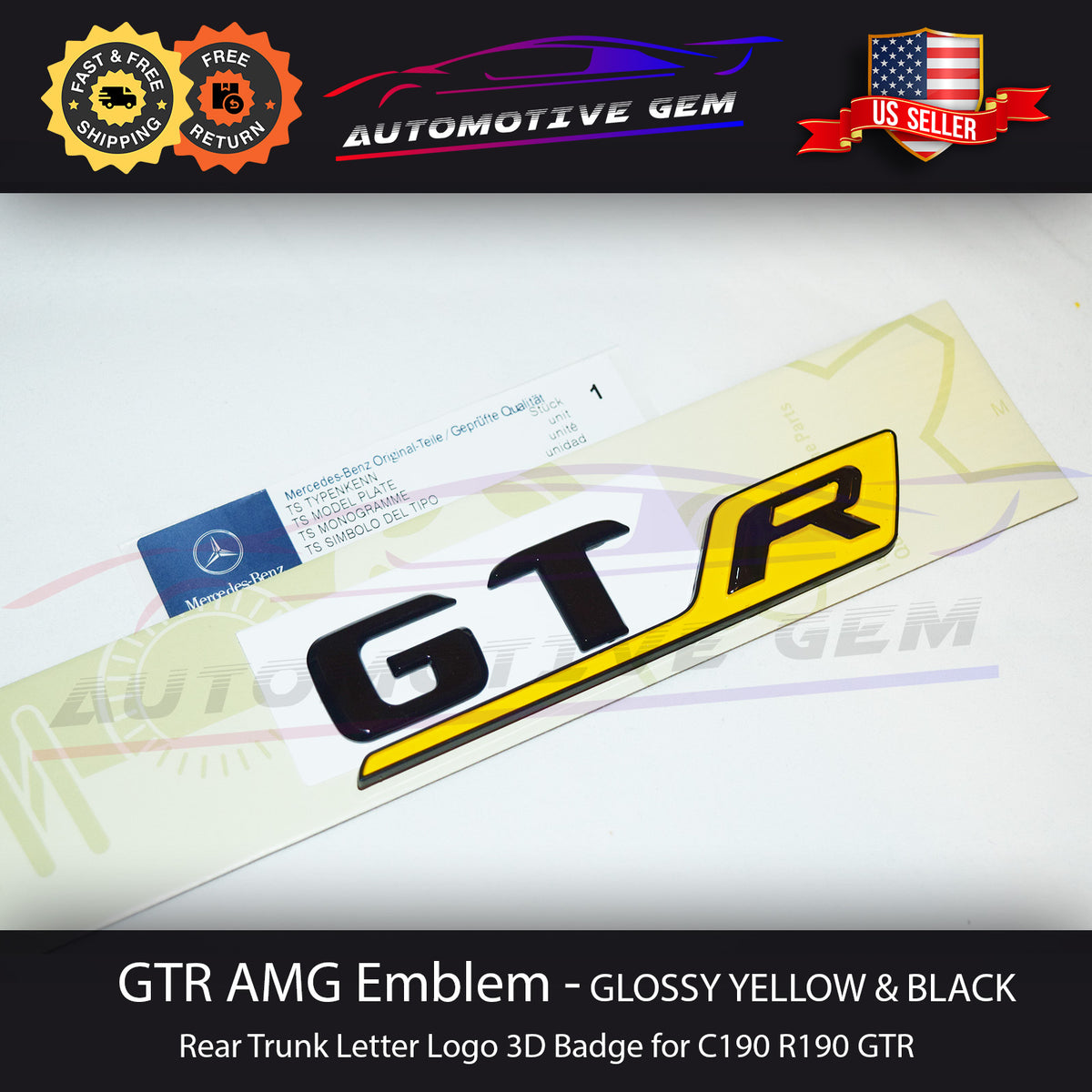 GTR AMG Emblem GLOSS Yellow Black Rear Trunk Lid Badge OEM