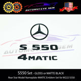 S550 4MATIC Emblem Rear Star Logo Black Badge & Hood Ornament Combo Set for Mercedes W222 S Class Sedan