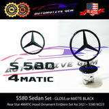 S580 4MATIC Emblem Rear Star Logo Black Badge & Hood Ornament Combo Set for Mercedes W223 S Class Sedan 2021+ A2238170100 A2218800086 2228101200