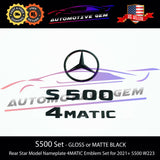 S500 4MATIC Emblem Rear Star Logo Black Badge & Hood Ornament Combo Set for Mercedes W223 S Class Sedan 2021+