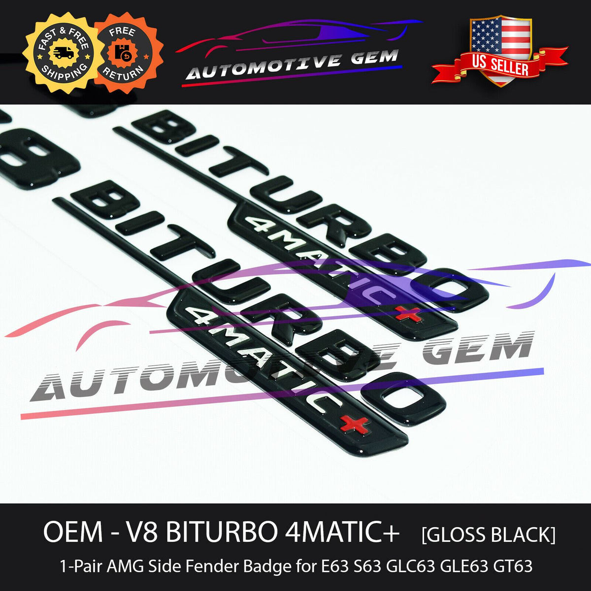 OEM V8 BITURBO 4MATIC+ Plus AMG Fender Emblem GLOSS BLACK Mercedes