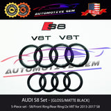 AUDI S8 Emblem BLACK Front Grille & Rear Trunk Lid Ring V8T Badge Set 2013-2022