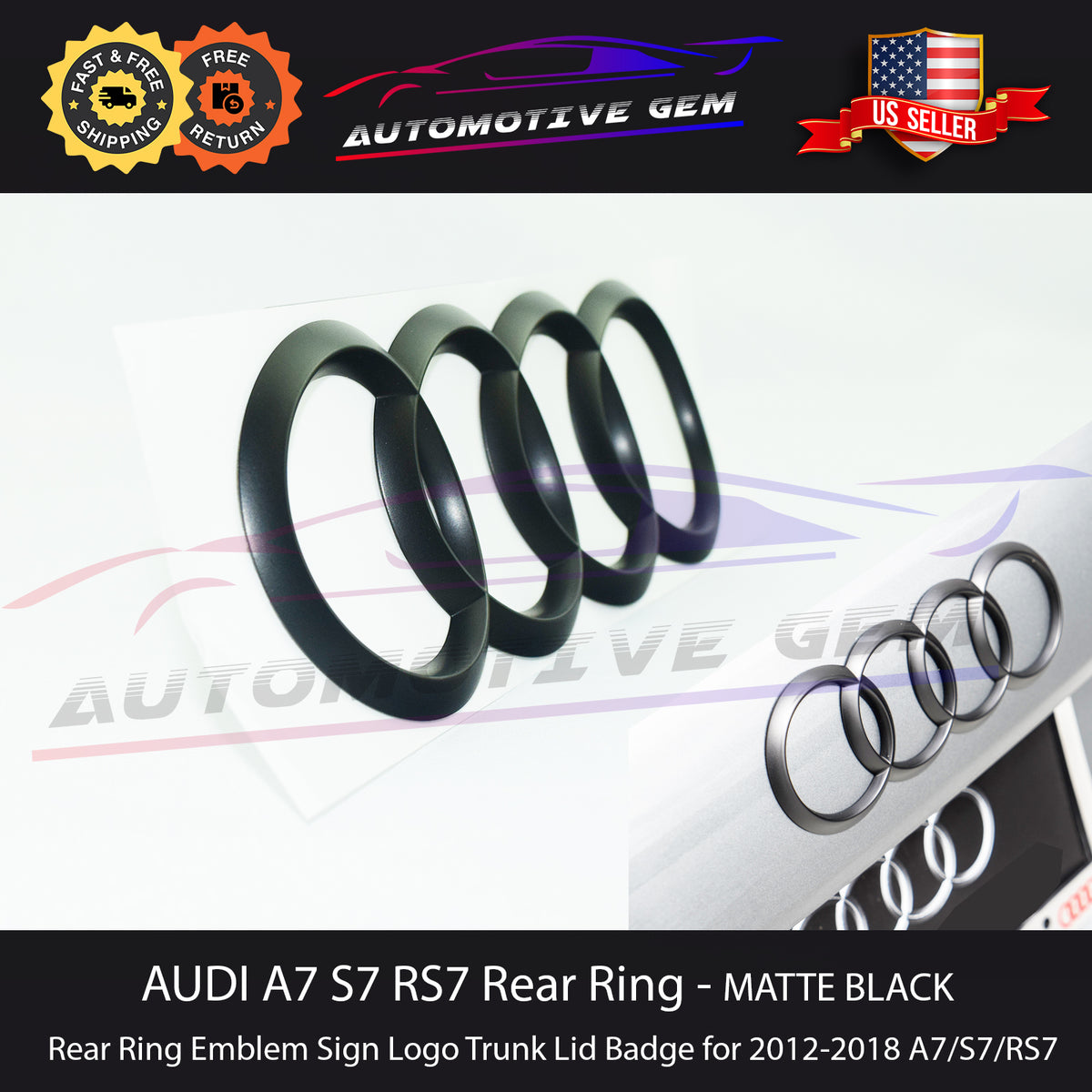 AUDI A7 S7 RS7 Trunk Emblem Curve Ring MATTE BLACK Rear Lid Hatch Logo
