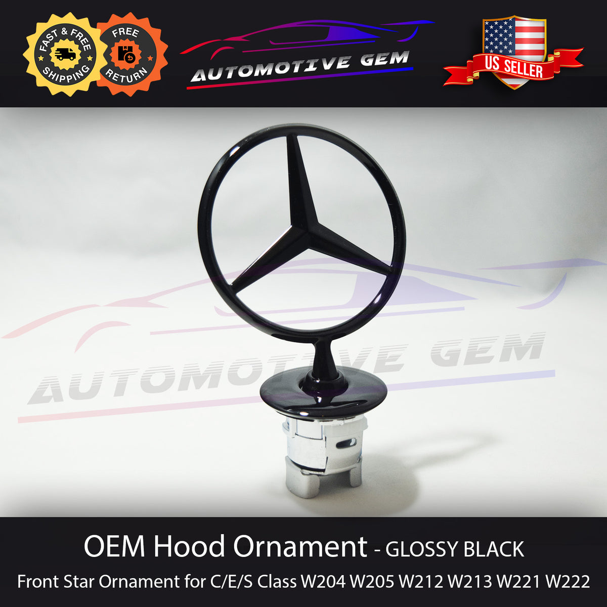 Front Hood Mounted Black Star Emblem For Mercedes Benz E, C, S Class – Matte Black, Bolt-On