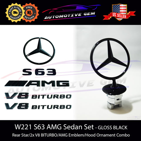 S63 SEDAN AMG V8 BITURBO Rear Star Emblem Hood Ornament BLACK Set Mercedes W221 G A2308171215  G A0008170414  G A2218171715  G A2217580058  G A2218800086  G A2228101200