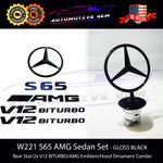 S65 SEDAN AMG V12 BITURBO Rear Star Emblem Hood Ornament BLACK Set Mercedes W221
