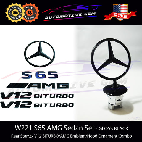 S65 SEDAN AMG V12 BITURBO Rear Star Emblem Hood Ornament BLACK Set Mercedes W221