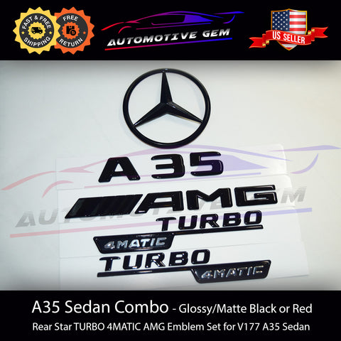 A35 SEDAN AMG TURBO 4MATIC Rear Star Emblem Black Badge Combo Set for Mercedes V177 G A1778175300  G A1778174600  G A2478174900  G A2478175000  G A1778170100