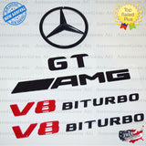 GT AMG V8 BITURBO Rear Star Emblem Black Badge Combo Set for Mercedes R190 C190 COUPE Convertible