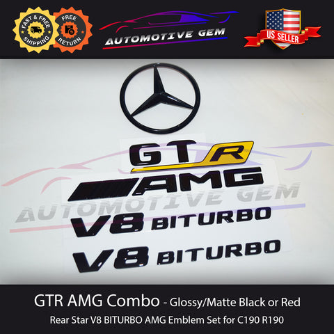 GTR AMG V8 BITURBO Rear Star Emblem Black Badge Combo Set for Mercedes R190 C190 COUPE Convertible Roadster G A1908171500  G A1908170015  G A1908173100  G A1908171400  G A1908173000  G A2228171615  G A2228175200  G A1908100018
