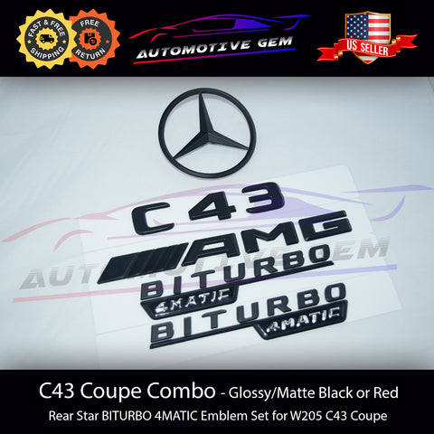 C43 COUPE AMG BITURBO 4MATIC Rear Star Emblem Black Badge Combo Set for Mercedes C205 Convertible Cabriolet G A2058171801  G A2058171901  G A2058172501  G A2058172601  G A2058100018