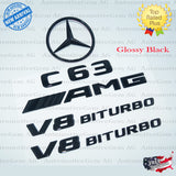 C63S SEDAN AMG V8 BITURBO Rear Star Emblem Black Badge Combo Set for Mercedes W205 C63 2015-2018