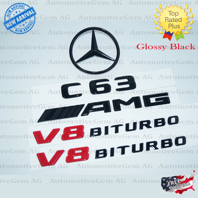 Gloss Black C63 AMG & 6.3 AMG Emblem Badge Set – Side Fender Logo For W204 507, Universal Fit