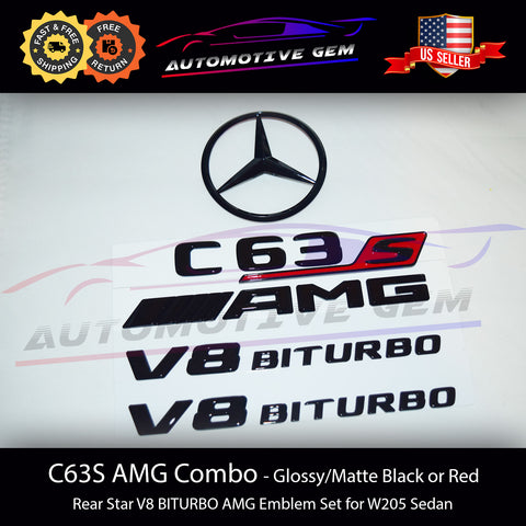 C63S SEDAN AMG V8 BITURBO Rear Star Emblem Black Badge Combo Set for Mercedes W205 C63 2019-2021 G A2058175500  G A2058175600  G A2058170701  G A2058176201  G A2058170601  G A2058175700  G A2058172001  G A2228171615  G A2228175200  G A2058174500