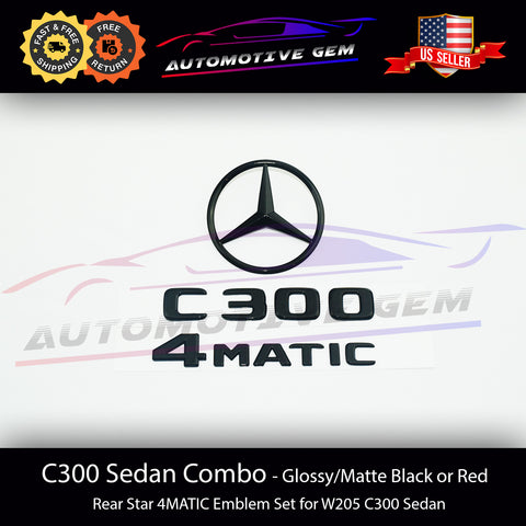 C300 AMG 4MATIC Rear Star Emblem Black Letter Badge Logo Combo Set for Mercedes W205 SEDAN 2015+ A2058174500