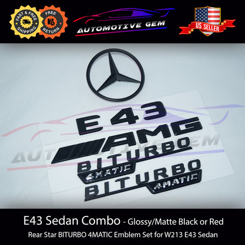 E43 AMG BITURBO 4MATIC Rear Star Emblem Black Badge Combo Set for Mercedes W213 Sedan G A2138178900  G A2138178800  G A2138170400  G A2138179000  G A2138179100  G A2058172501  G A2058172601  G A2138170116