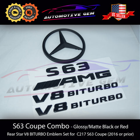 S63 COUPE AMG V8 BITURBO Rear Star Emblem Black Badge Combo Set for Mercedes C217 Convertible Cabriolet 2014-2016 G A2178172500  G A2228177900  G A2228171615  G A2228170014  G A2228178300  G A2178172400  G A2228175200  G A2178800005