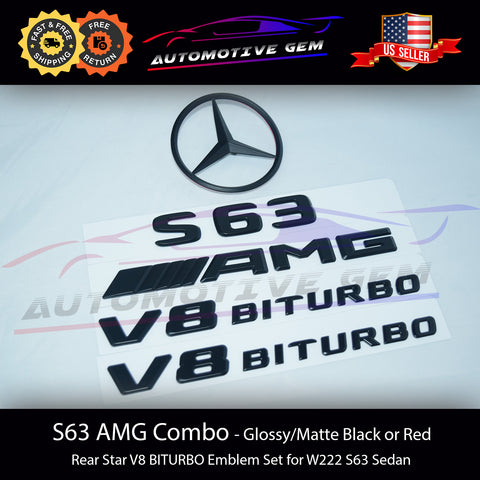 S63 SEDAN AMG V8 BITURBO Rear Star Emblem Black Badge Combo Set for Mercedes W222 2014-2017 G A2228170015  G A2228177900  G A2228174800  G A2228170014  G A2228178300  G A2228174700  G A2228171615  G A2228175200  G A2228170016