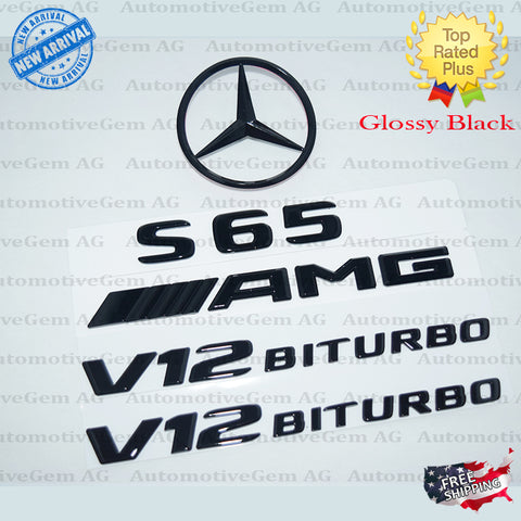 S65 COUPE AMG V12 BITURBO Rear Star Emblem Black Badge Combo Set for Mercedes C217 Convertible Cabriolet 2014-2016 G A2178800005