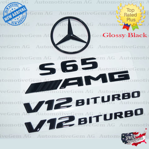 S65 COUPE AMG V12 BITURBO Rear Star Emblem Black Badge Combo Set for Mercedes C217 Convertible Cabriolet 2017-2019