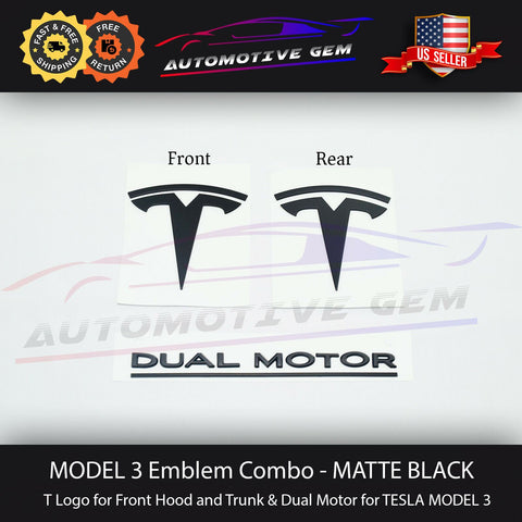 Tesla MODEL 3 BLACK Front Rear T Badge DUAL MOTOR Emblem Sticker Set –  Automotive Gem
