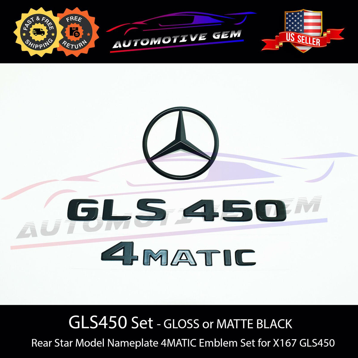 GLS580 4MATIC Rear Star Emblem Black Letter Badge Logo Set Mercedes GLS580 4MATIC Rear Star Emblem Black Letter Badge Logo Set Mercedes