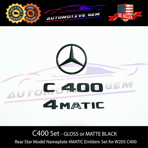 C400 4MATIC Rear Star Emblem Black Letter Badge Logo Combo Set for AMG Mercedes W205 SEDAN 2015+ A2058174500