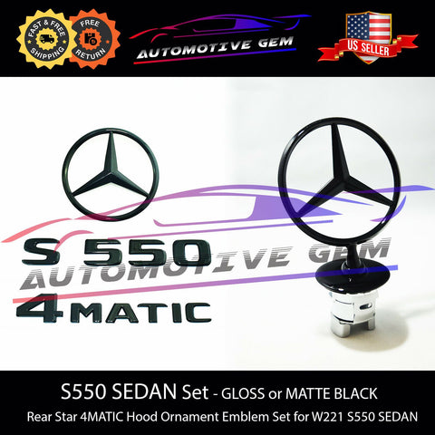 S550 4MATIC Emblem Rear Star Logo Black Badge & Hood Ornament Combo Set for Mercedes W221 S Class Sedan 2007-2013 G A2217580058  G A2218800086  G A2228101200