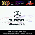 S600 4MATIC Rear Star Emblem Black Letter Badge Logo for AMG Mercedes W221 Sedan