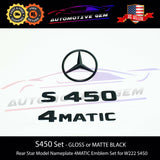 S450 4MATIC Emblem Rear Star Logo Black Badge & Hood Ornament Combo Set for Mercedes W222 S Class Sedan