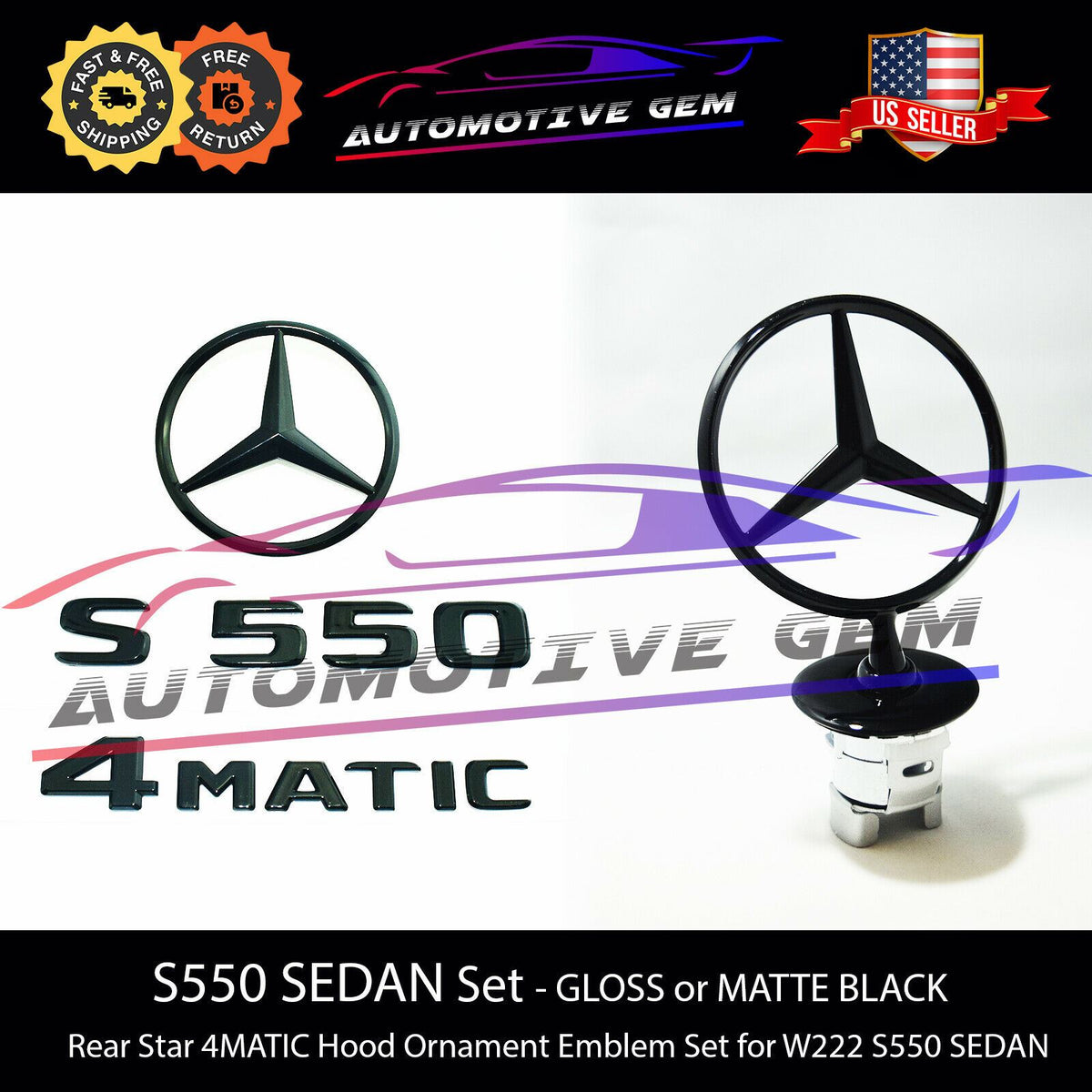 S550 4MATIC Emblem Rear Star Logo Black Badge & Hood Ornament Combo Se ...