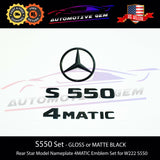 S550 4MATIC Emblem Rear Star Logo Black Badge & Hood Ornament Combo Set for Mercedes W222 S Class Sedan