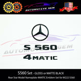 S560 4MATIC Emblem Rear Star Logo Black Badge & Hood Ornament Combo Set for Mercedes W222 S Class Sedan