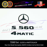 S560 4MATIC Emblem Rear Star Logo Black Badge & Hood Ornament Combo Set for Mercedes W222 S Class Sedan