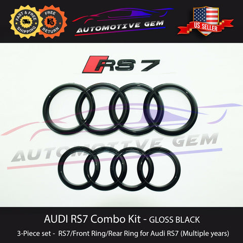 AUDI RS7 Emblem GLOSS BLACK Front Grille Rear Trunk Ring Badge Logo Set G 4G8853742A 3Q7 T94 G 4H0853605B 3Q7 T94 G 4H0853605C 3Q7 T94  G 4F0853601A  3Q7 T94  G 4G8853741 3Q7 T94  G 4F0853743P  3Q7 T94
