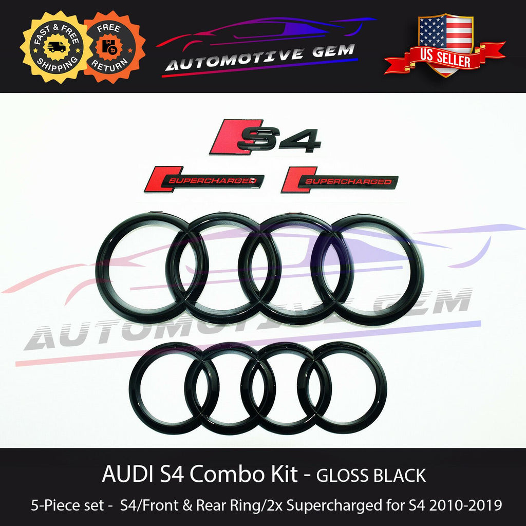 AUDI S4 Emblem GLOSS BLACK Front Grille Rear Trunk Ring V6T Badge