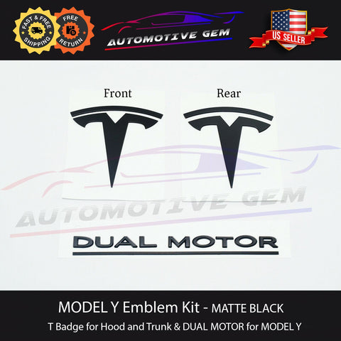 Tesla MODEL Y BLACK Front & Rear T Badge DUAL MOTOR Emblem Sticker Set for Tesla G 1607786-00-A  G 1494949-00-A  G 1484848-00-A  G 1484849-00-A  G 1474572-00-A  G 1474559-00-A