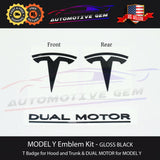 Tesla MODEL Y BLACK Front & Rear T Badge DUAL MOTOR Emblem Sticker Set
