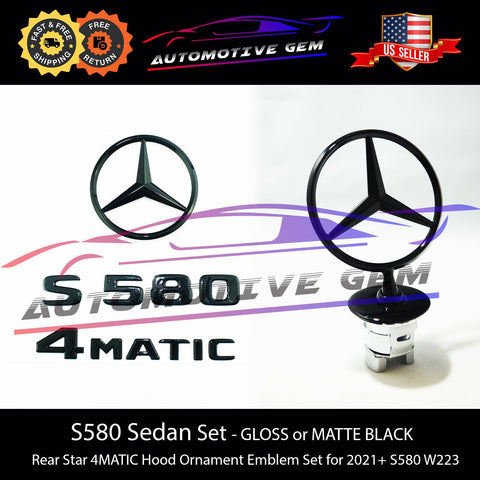 S580 4MATIC Emblem Rear Star Logo Black Badge & Hood Ornament Combo Set for Mercedes W223 S Class Sedan 2021+ A2238170100 A2218800086 2228101200