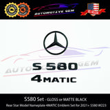 S580 4MATIC Emblem Rear Star Logo Black Badge & Hood Ornament Combo Set for Mercedes W223 S Class Sedan 2021+