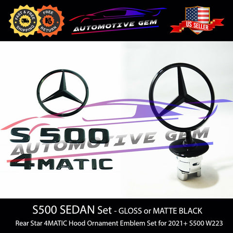 S500 4MATIC Emblem Rear Star Logo Black Badge & Hood Ornament Combo Set for Mercedes W223 S Class Sedan 2021+ G A2238170100  G A2218800086  G A2228101200
