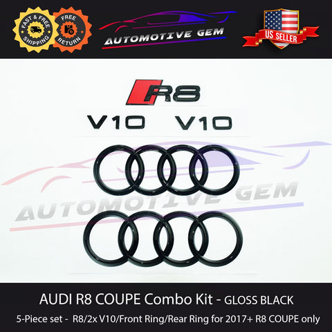 AUDI R8 Emblem BLACK Hood Trunk Ring V10 Rear Logo Badge COUPE SPYDER Combo Set