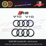 AUDI R8 Emblem BLACK Hood Trunk Ring V10 Rear Logo Badge COUPE SPYDER Combo Set