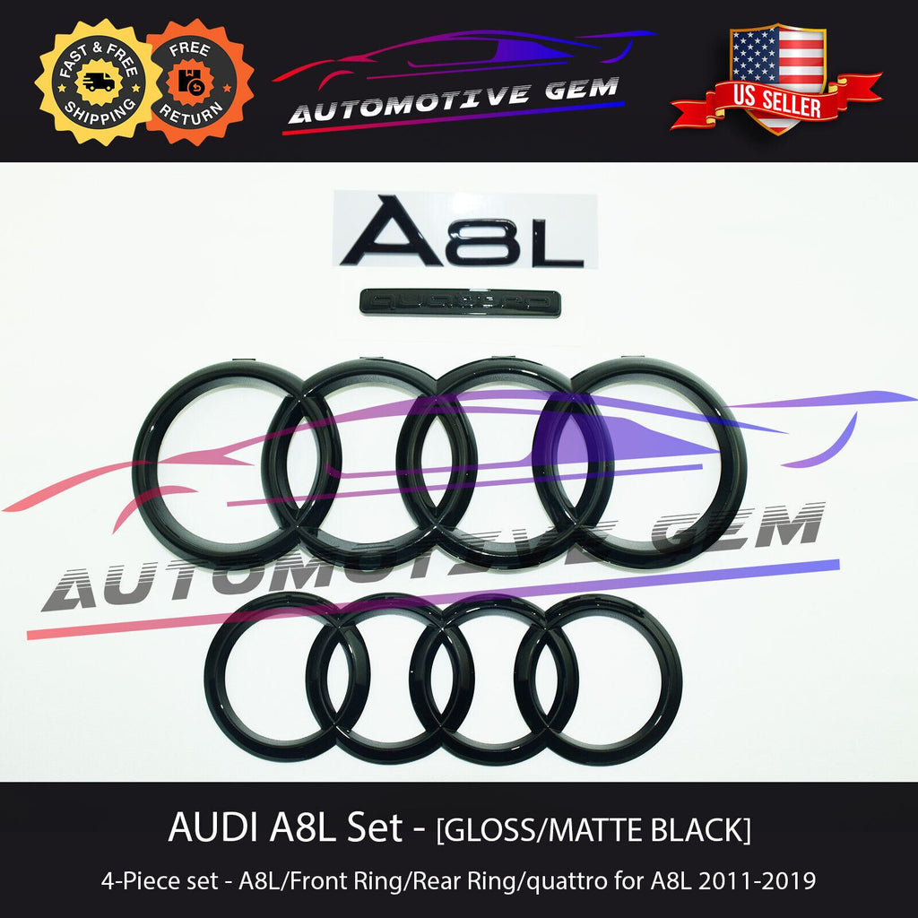 Audi A8L Black Emblem Set – Grille, Trunk, Quattro & S Line Badges (4 Piece)