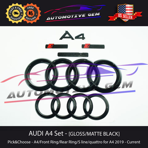 AUDI A4 Emblem GLOSS BLACK Grille Ring Trunk Ring Quattro S Line Set Sedan 2020+