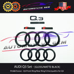 AUDI Q3 Emblem BLACK Front Grille Rear Trunk Ring S Line Quattro Badge Set 2015+