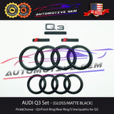 AUDI Q3 Emblem BLACK Front Grille Rear Trunk Ring S Line Quattro Badge Set 2015+