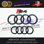 AUDI S4 Emblem GLOSS BLACK Front Grille Ring Rear Trunk Ring Badge Set 2020+