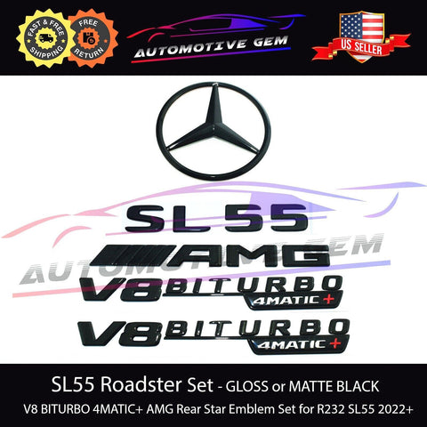2022+ SL55 AMG V8 BITURBO 4MATIC+ Rear Star Emblem Black Badge Set Mercedes R232 compatible with Mercedes-Benz SL55 AMG 2022 2023 2024 Applicable Part Number G A2328171800 G A2328173900 G A2328170700 G A2328170500 G A2328170400 G A2328173900 G A2328175500 G A2328175600